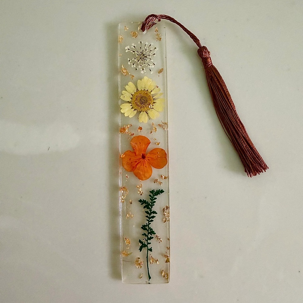 Handmade Pressed Flower Resin Bookmark with Gold Foil & Tassel